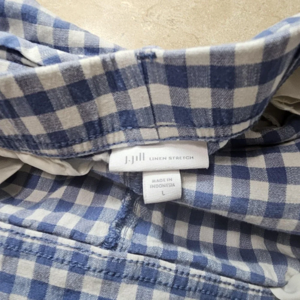 J Jill Linen Stretch Pants Women L Blue Gingham Check‎ Crop Cottagecore Picnic